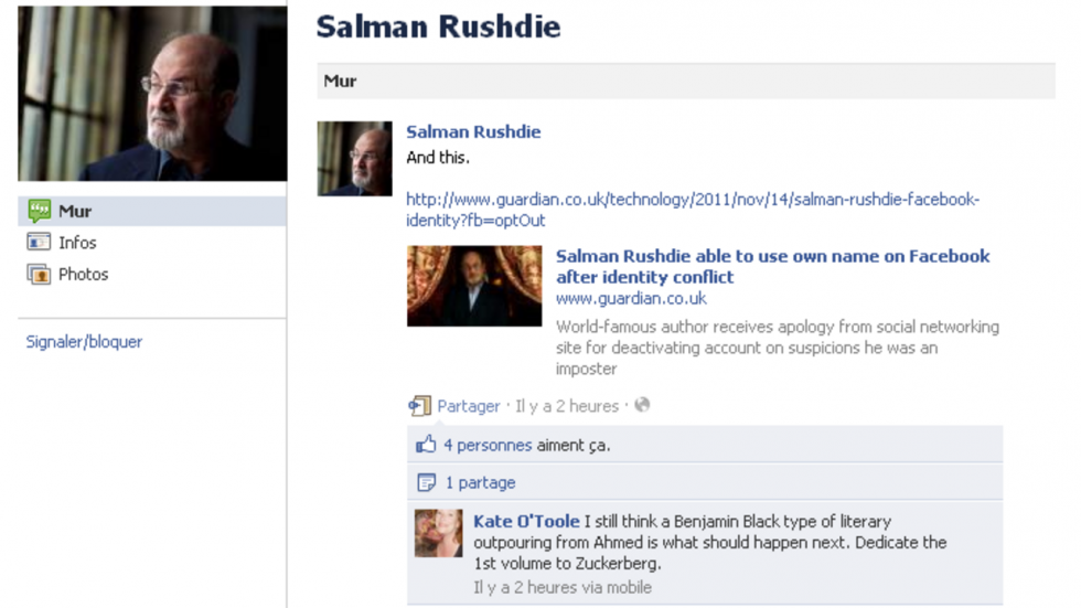 Facebook rend son véritable nom à Salman Rushdie Facebook rend son véritable nom à Salman Rushdie