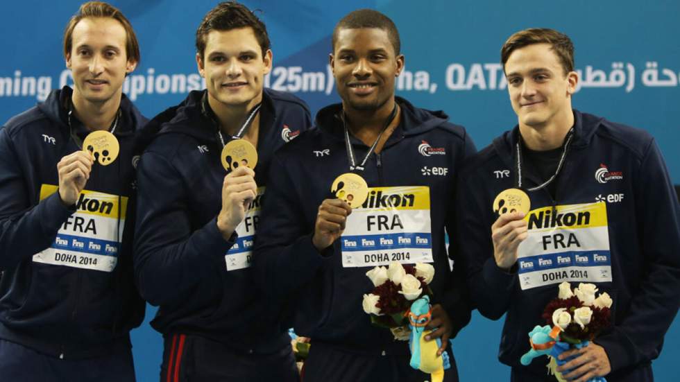 Les Français champions du monde du relais 4x100 m nage libre à Doha Les Français champions du monde du relais 4x100 m nage libre à Doha