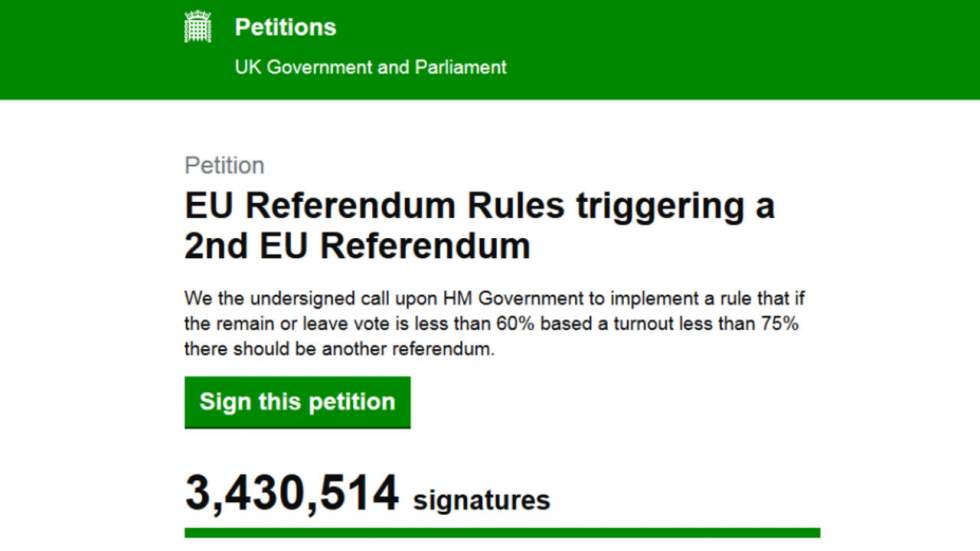 Brexit : près de trois millions et demi de personnes réclament un second vote Brexit : près de trois millions et demi de personnes réclament un second vote