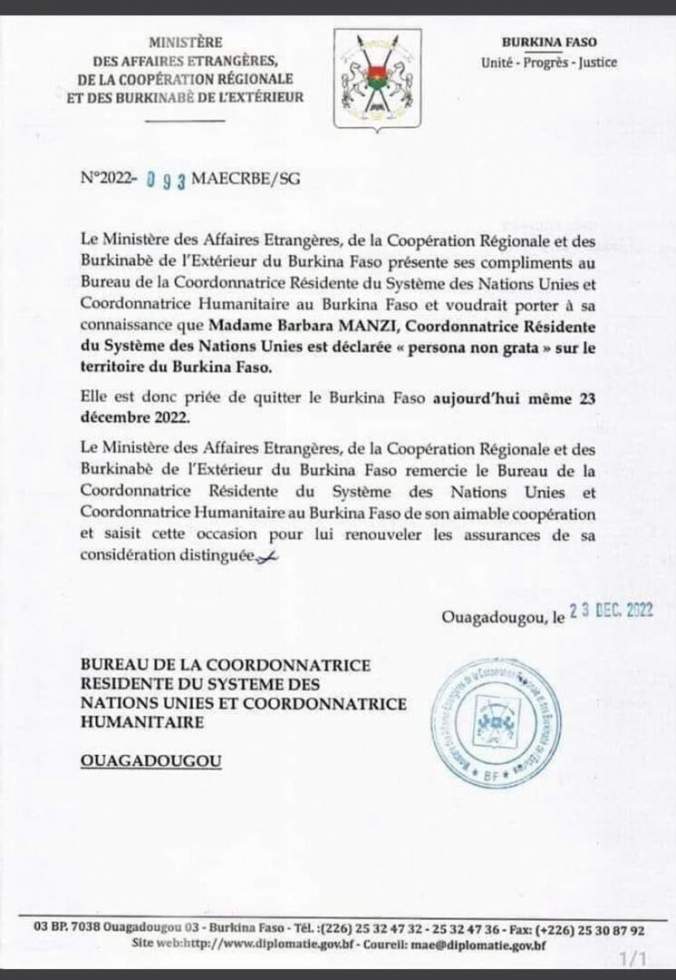 Le Burkina Faso expulse la coordinatrice de l'ONU dans le pays