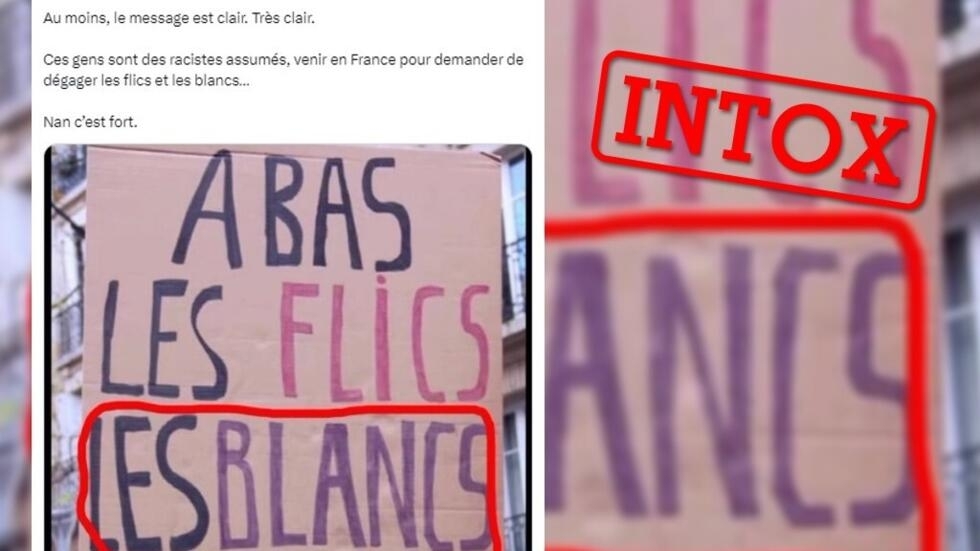 Cette pancarte "à bas les blancs" n'a pas été brandie durant les manifestations contre l'extrême droite