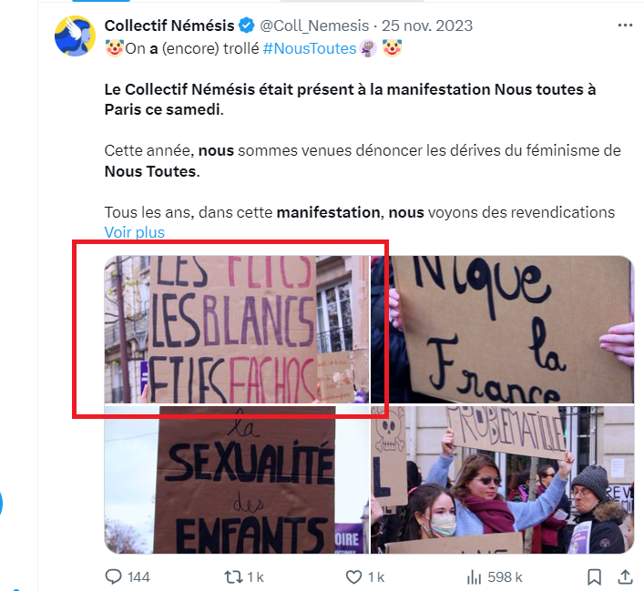 Cette pancarte "à bas les blancs" n'a pas été brandie durant les manifestations contre l'extrême droite