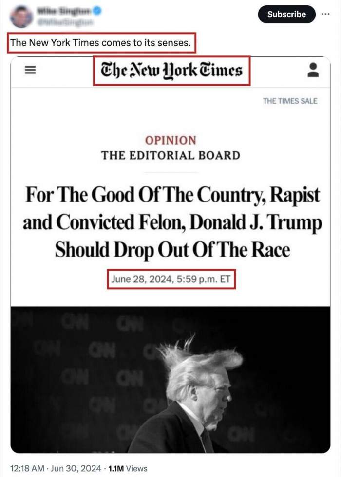 Non, le New York Times n’a pas appelé Trump à se retirer de la course à la présidentielle Non, le New York Times n’a pas appelé Trump à se retirer de la course à la présidentielle