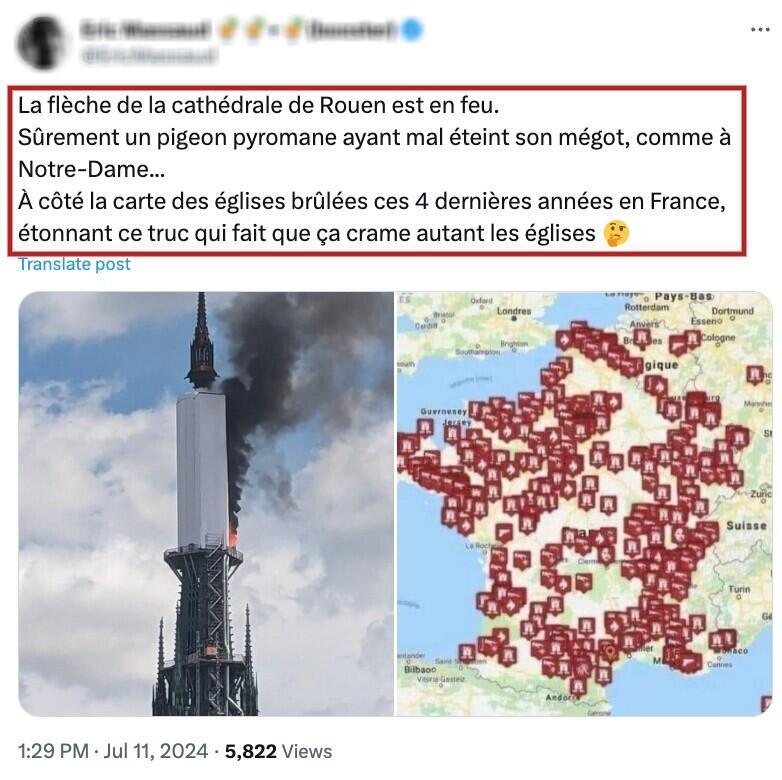 Rumeurs "christianophobes" après l’incendie de la cathédrale de Rouen : attention à cette carte ancienne et peu fiable