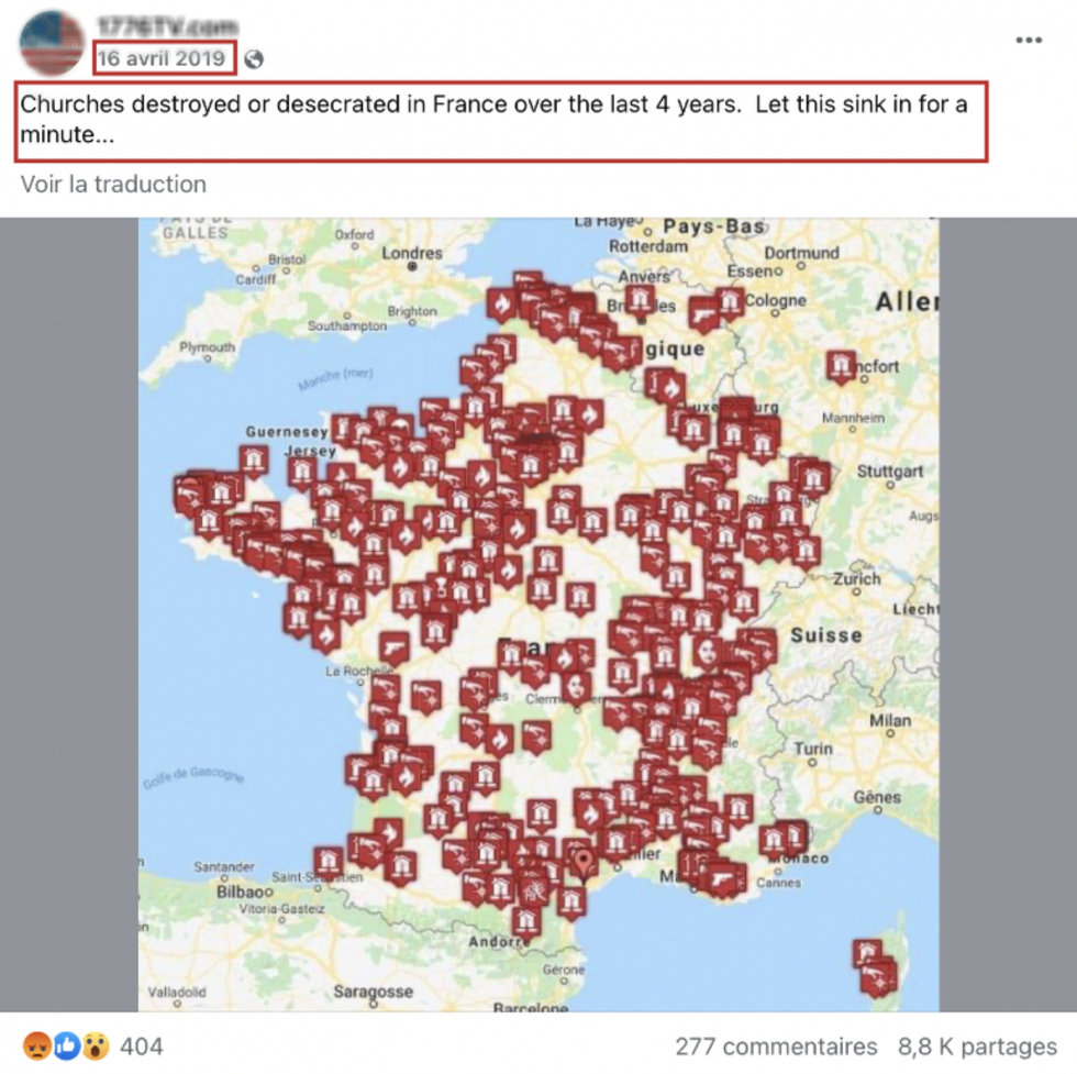 Rumeurs "christianophobes" après l’incendie de la cathédrale de Rouen : attention à cette carte ancienne et peu fiable