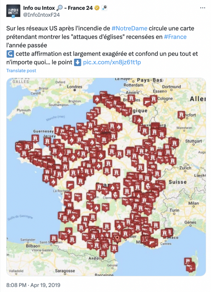 Rumeurs "christianophobes" après l’incendie de la cathédrale de Rouen : attention à cette carte ancienne et peu fiable