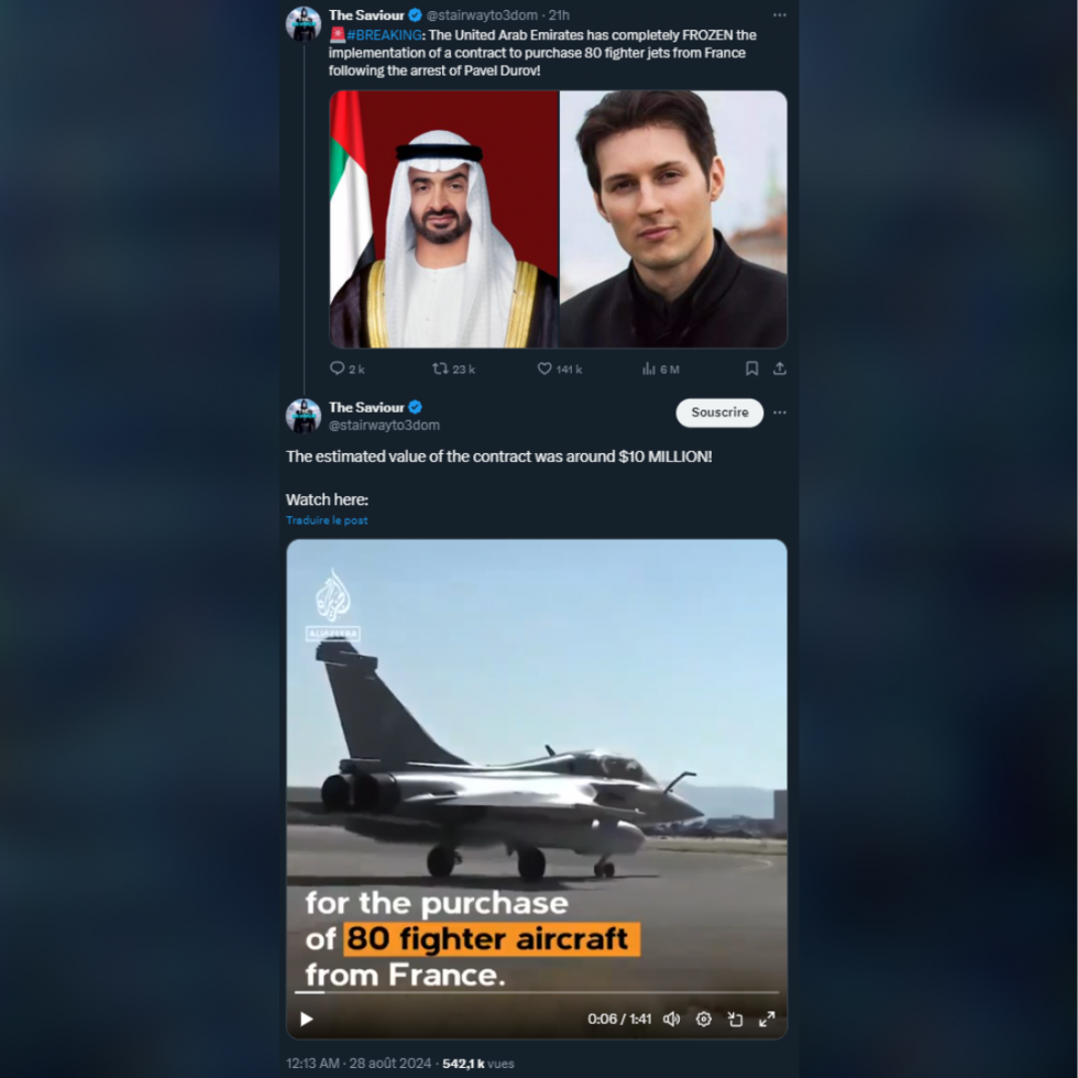 Affaire Durov : une fausse vidéo d'Al Jazeera fait croire au "gel" d'un contrat militaire avec la France