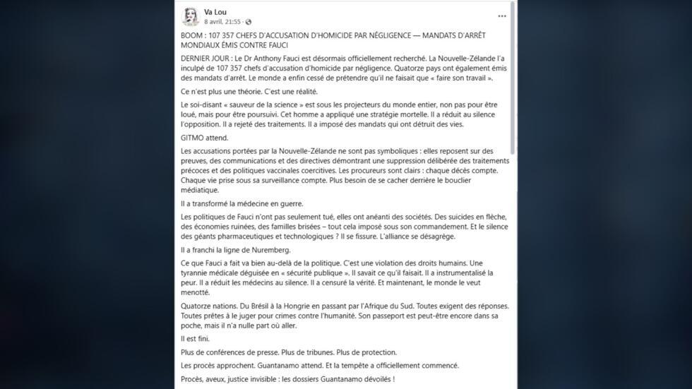 Non, l'ex-conseiller Covid Anthony Fauci n'est pas poursuivi en justice aux États-Unis ou ailleurs Non, l'ex-conseiller Covid Anthony Fauci n'est pas poursuivi en justice aux États-Unis ou ailleurs