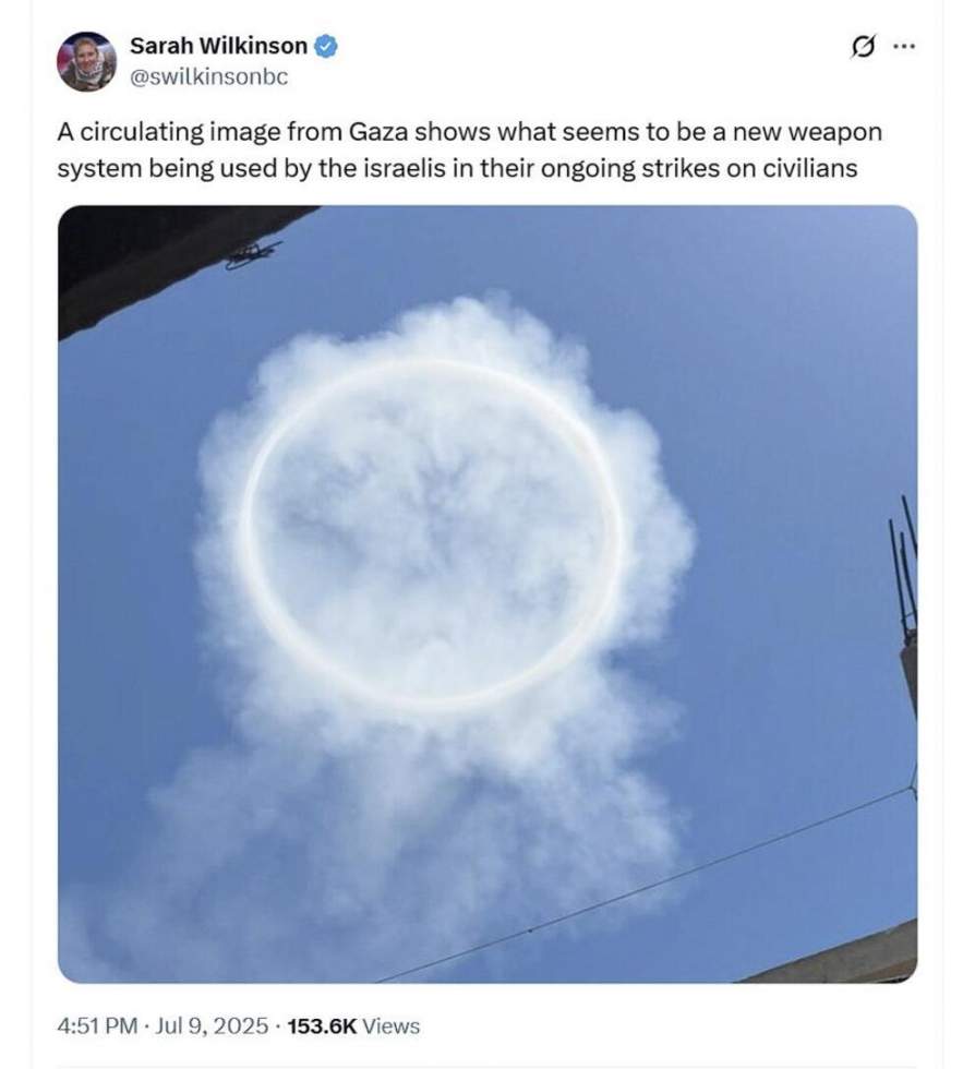 Cette anneau de fumée ne prouve pas qu’Israël a utilisé une nouvelle arme à Gaza Cette anneau de fumée ne prouve pas qu’Israël a utilisé une nouvelle arme à Gaza