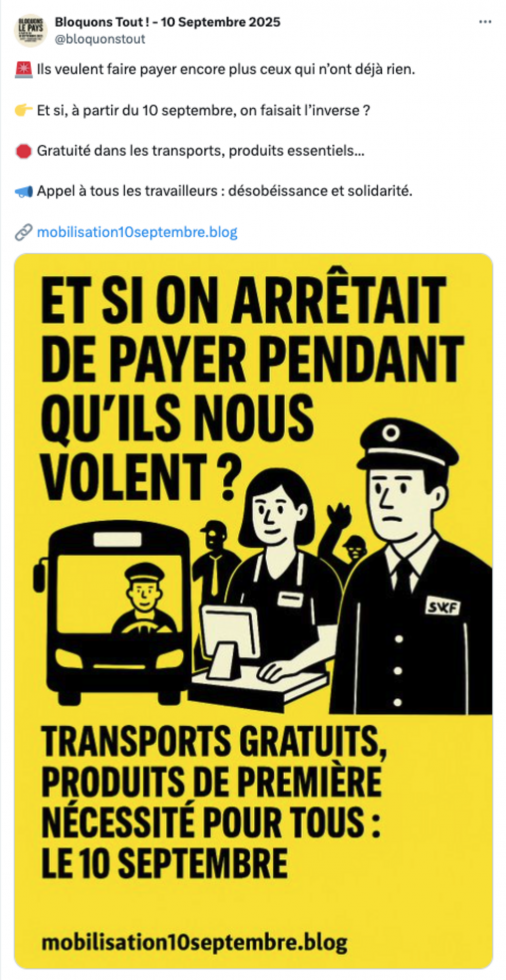 "Bloquons tout" : ce que l'on sait de l'appel à paralyser la France le 10 septembre "Bloquons tout" : ce que l'on sait de l'appel à paralyser la France le 10 septembre