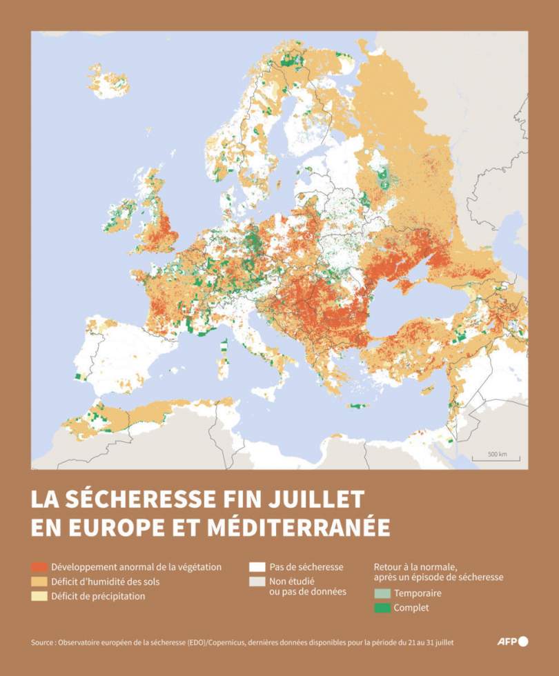 La sécheresse affecte la moitié de l’Europe et du bassin méditerranéen depuis avril La sécheresse affecte la moitié de l’Europe et du bassin méditerranéen depuis avril