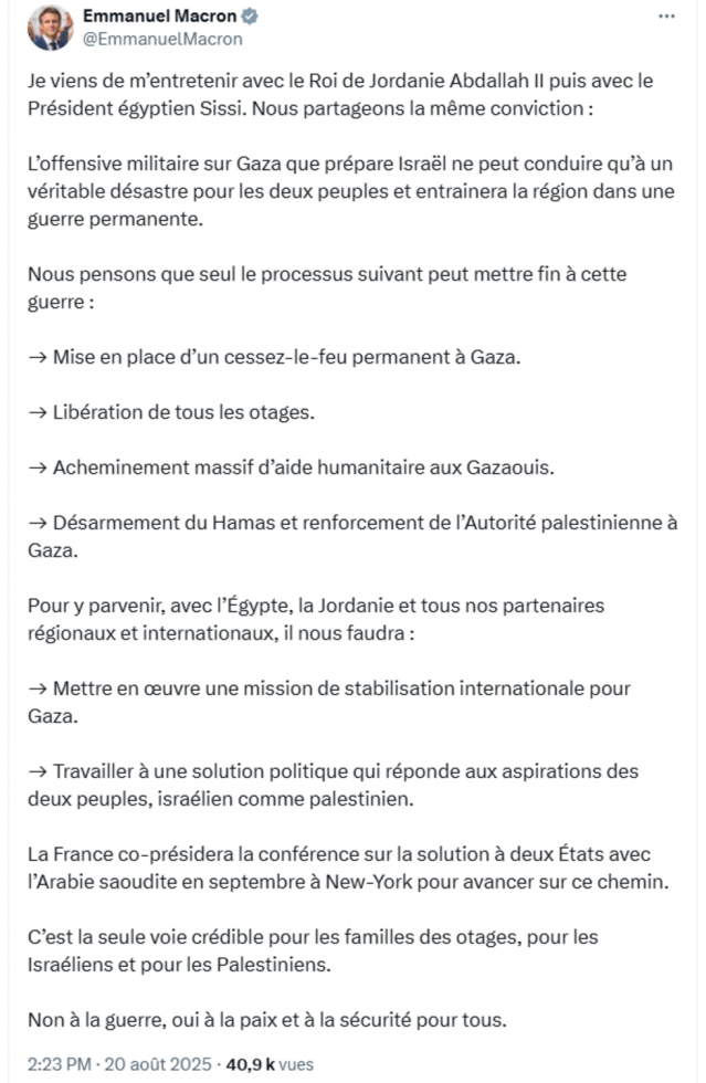 Le plan d'occupation de Gaza-ville "ne peut conduire qu’à un désastre", selon Macron