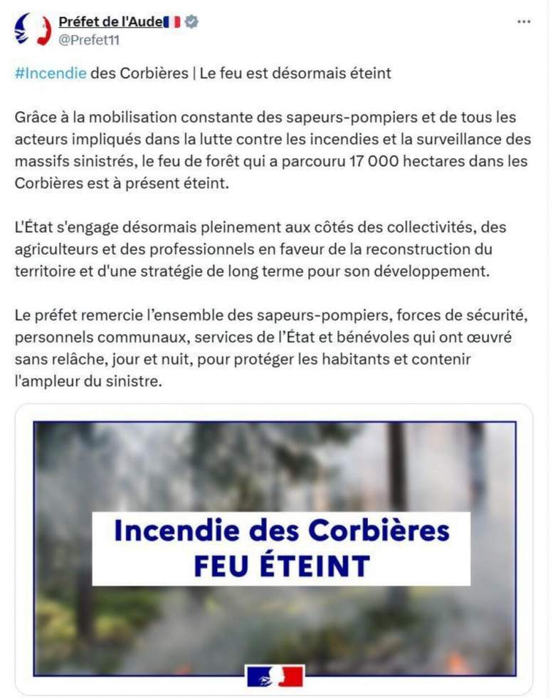 Le gigantesque incendie de l'Aude est déclaré éteint Le gigantesque incendie de l'Aude est déclaré éteint