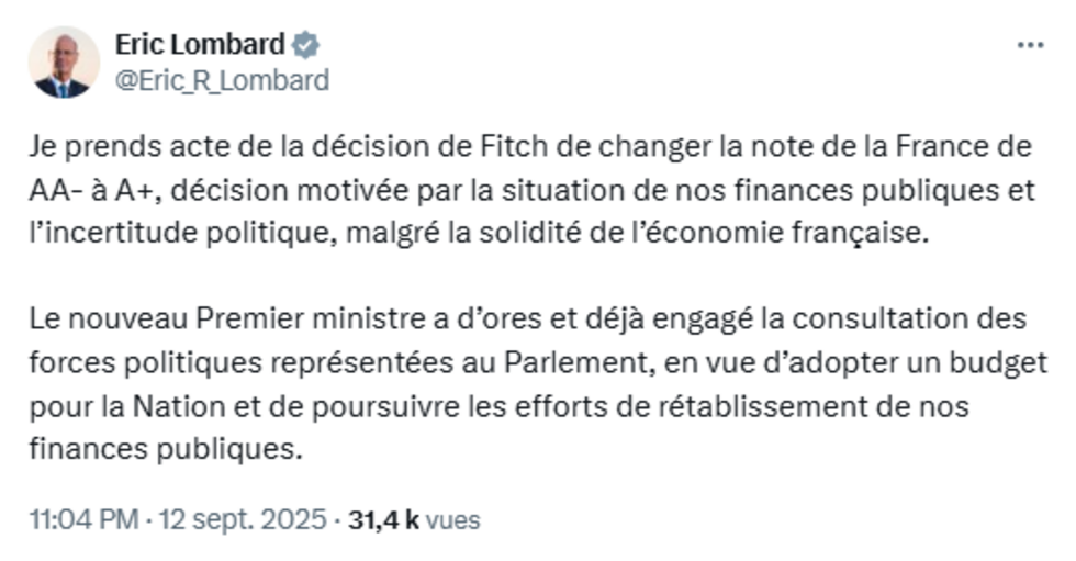 L'agence de notation Fitch abaisse la note souveraine de la France à A+ L'agence de notation Fitch abaisse la note souveraine de la France à A+