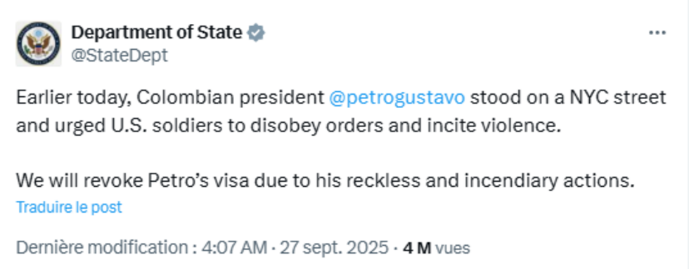 Washington révoque le visa du président colombien, accusé d'actions "incendiaires"