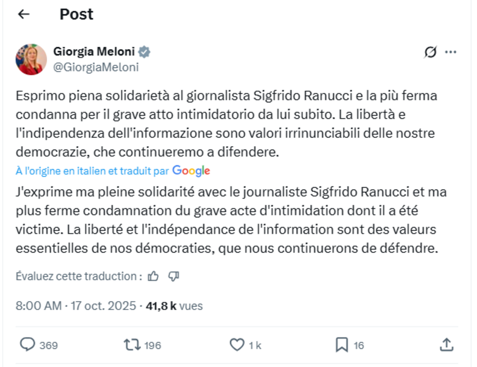 Italie : le journaliste d'investigation Sigfrido Ranucci visé par une bombe sous sa voiture Italie : le journaliste d'investigation Sigfrido Ranucci visé par une bombe sous sa voiture