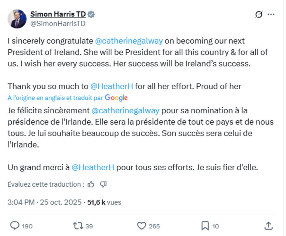 Irlande : Catherine Connolly donnée gagnante de la présidentielle, sa rivale reconnaît sa défaite Irlande : Catherine Connolly donnée gagnante de la présidentielle, sa rivale reconnaît sa défaite