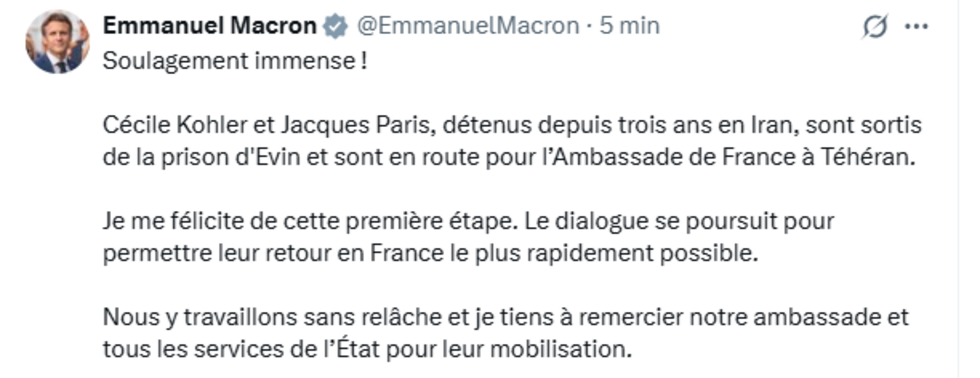 Iran : les Français Cécile Kohler et Jacques Paris ont été libérés, annonce Emmanuel Macron