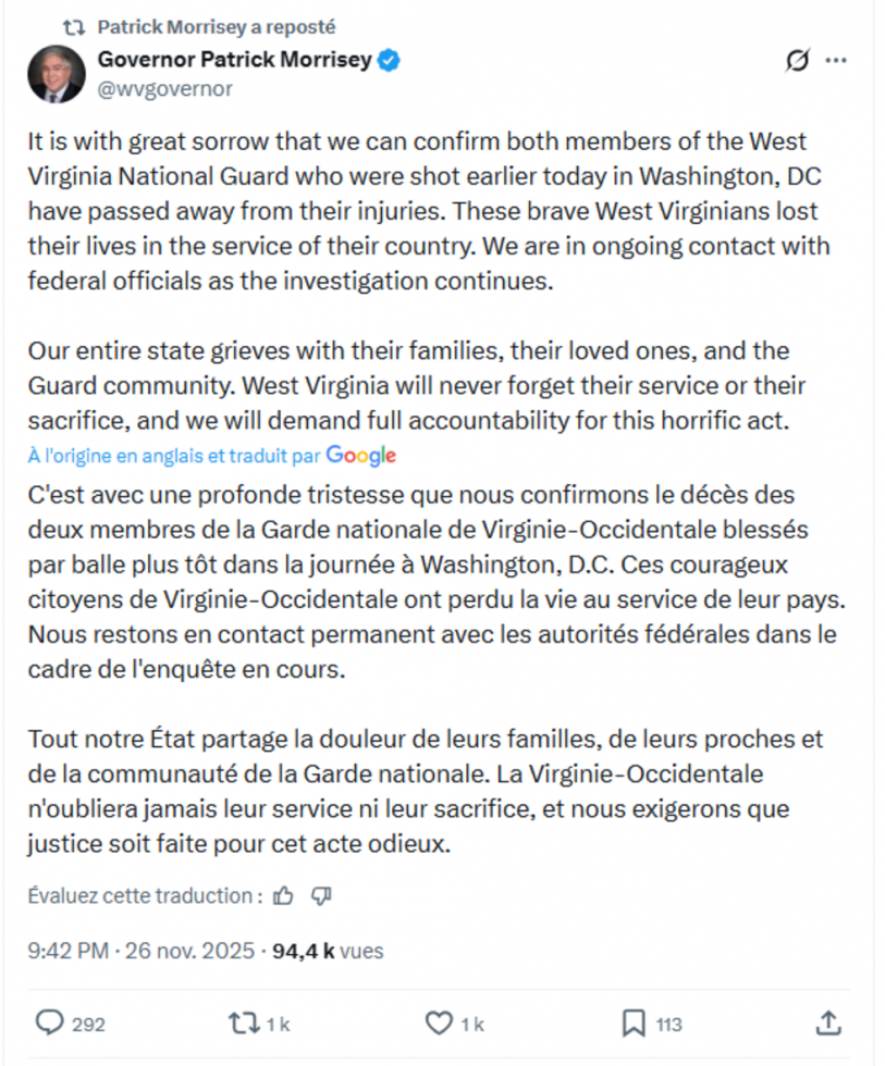 États-Unis : deux militaires de la Garde nationale tués par balles près de la Maison Blanche