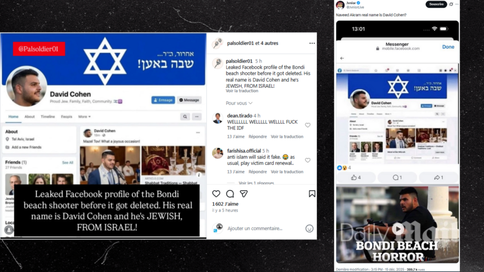 Australie : après l'attentat de Bondi Beach, des intox sur l'identité d'un tireur et du sauveur Australie : après l'attentat de Bondi Beach, des intox sur l'identité d'un tireur et du sauveur