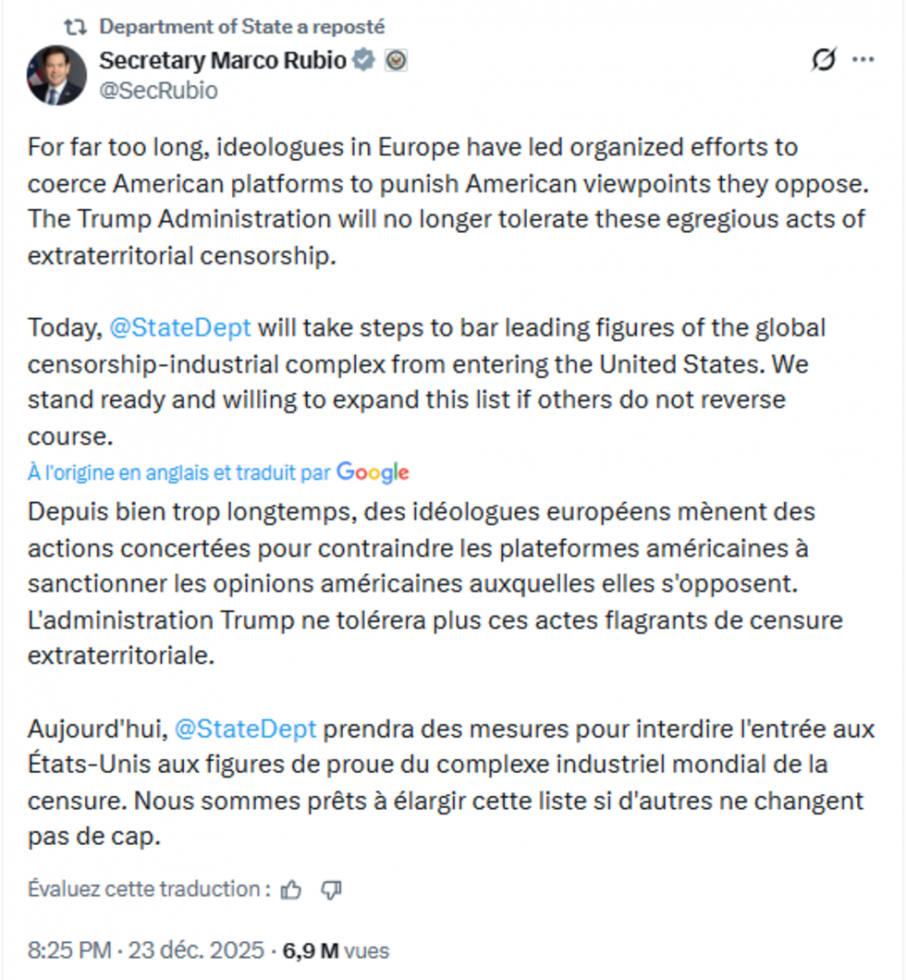 États-Unis : l'une des cinq personnalités européennes interdites de visa contrattaque en justice