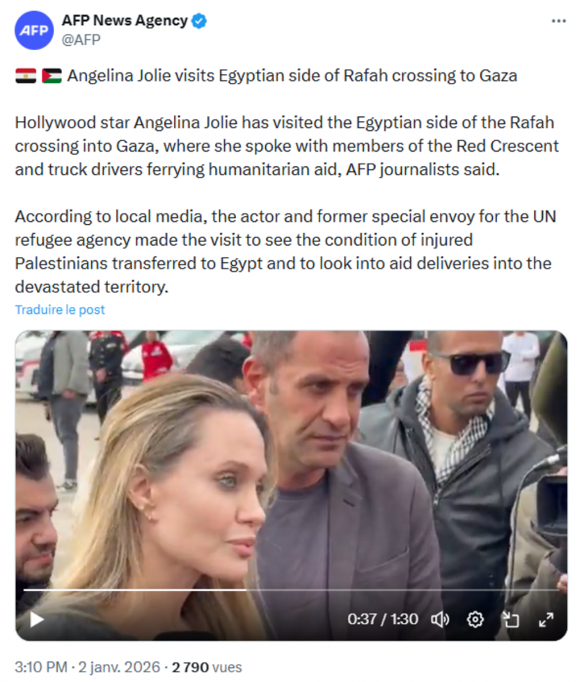 Gaza : l'actrice américaine Angelina Jolie en visite au point de passage de Rafah, en Égypte