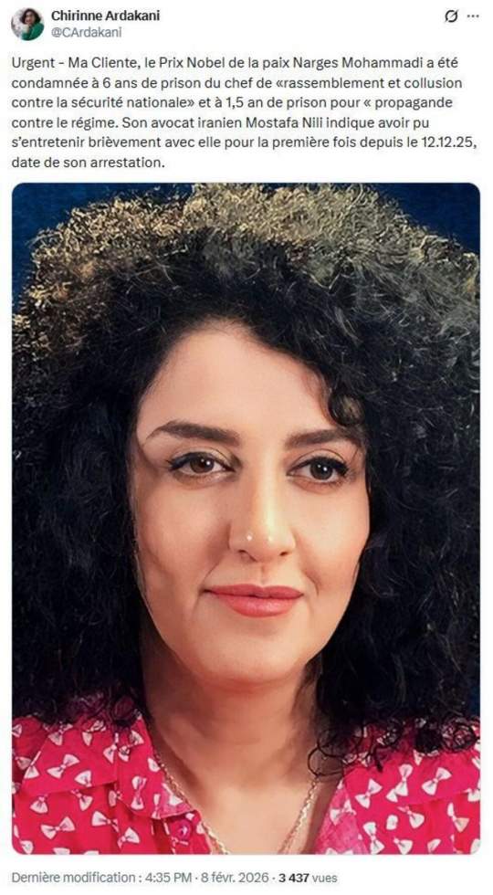 Iran : la prix Nobel de la paix Narges Mohammadi condamnée à six ans de prison