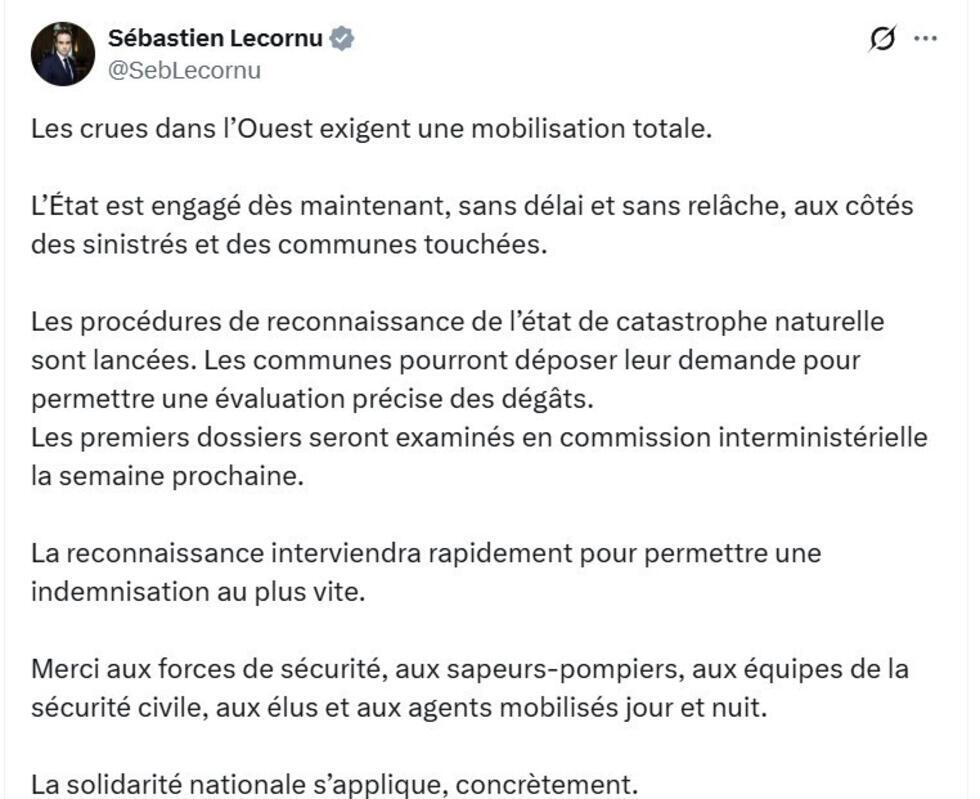 Crues : Sébastien Lecornu promet une "indemnisation au plus vite"