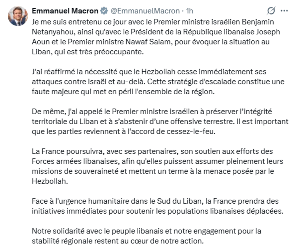 Emmanuel Macron exhorte Donald Trump et Benjamin Netanyahu à préserver le Liban Emmanuel Macron exhorte Donald Trump et Benjamin Netanyahu à préserver le Liban