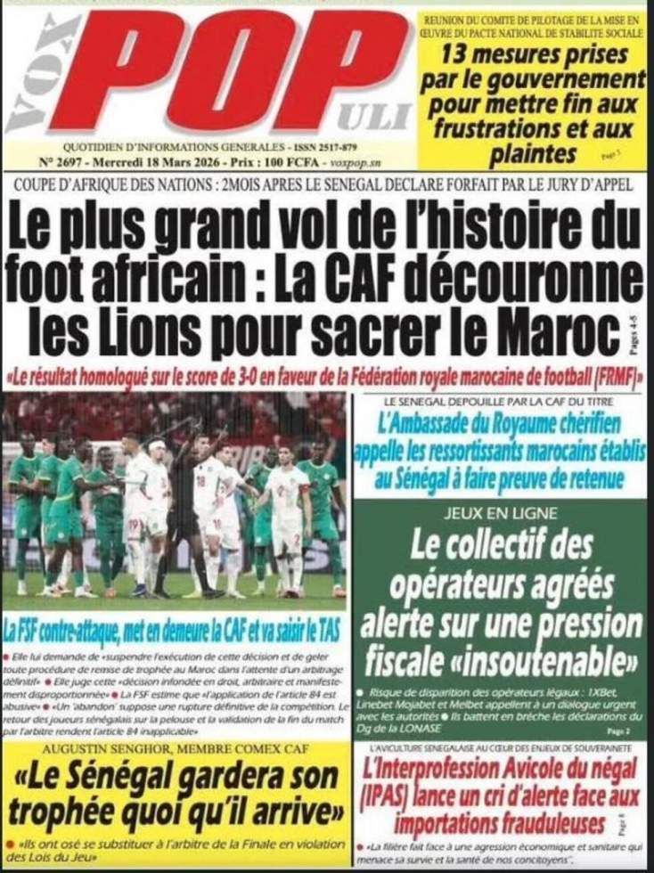 Colère au Sénégal, joie au Maroc, scandale mondial : la décision de la CAF à la une de la presse