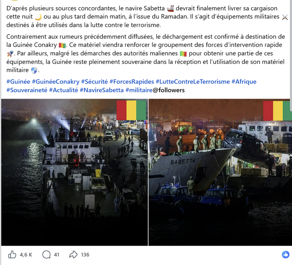 Non, un navire russe n’a pas livré d'armes à l’armée guinéenne