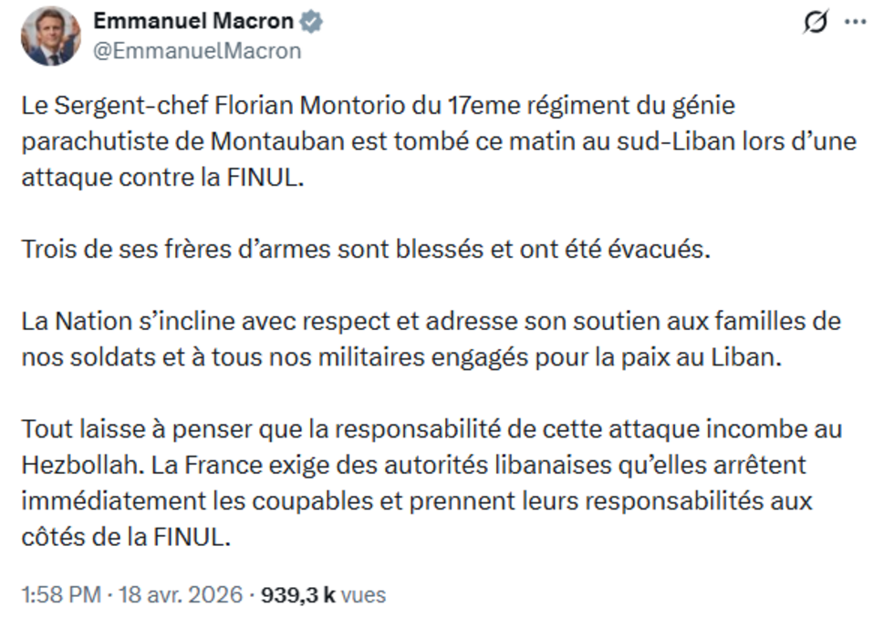 Un soldat français de la Finul tué au Liban dans une embuscade attribuée au Hezbollah