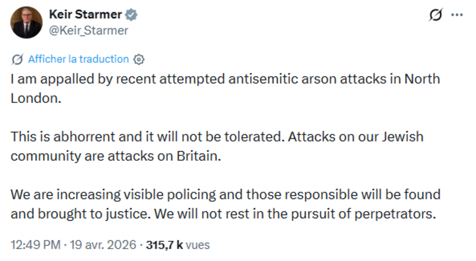 Keir Starmer se dit "choqué" par une série d'incendies criminels "antisémites" survenus à Londres