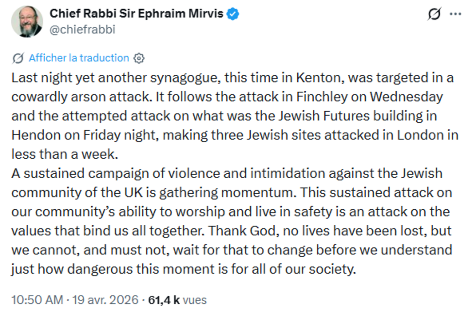 Keir Starmer se dit "choqué" par une série d'incendies criminels "antisémites" survenus à Londres