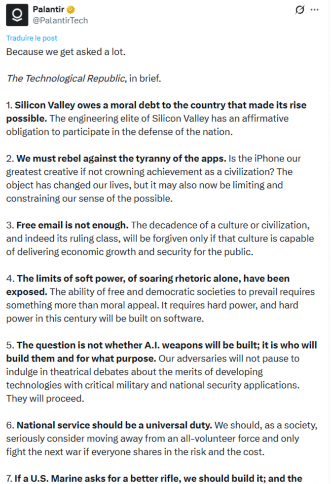 Le manifeste de Palantir pour une Silicon Valley en armes