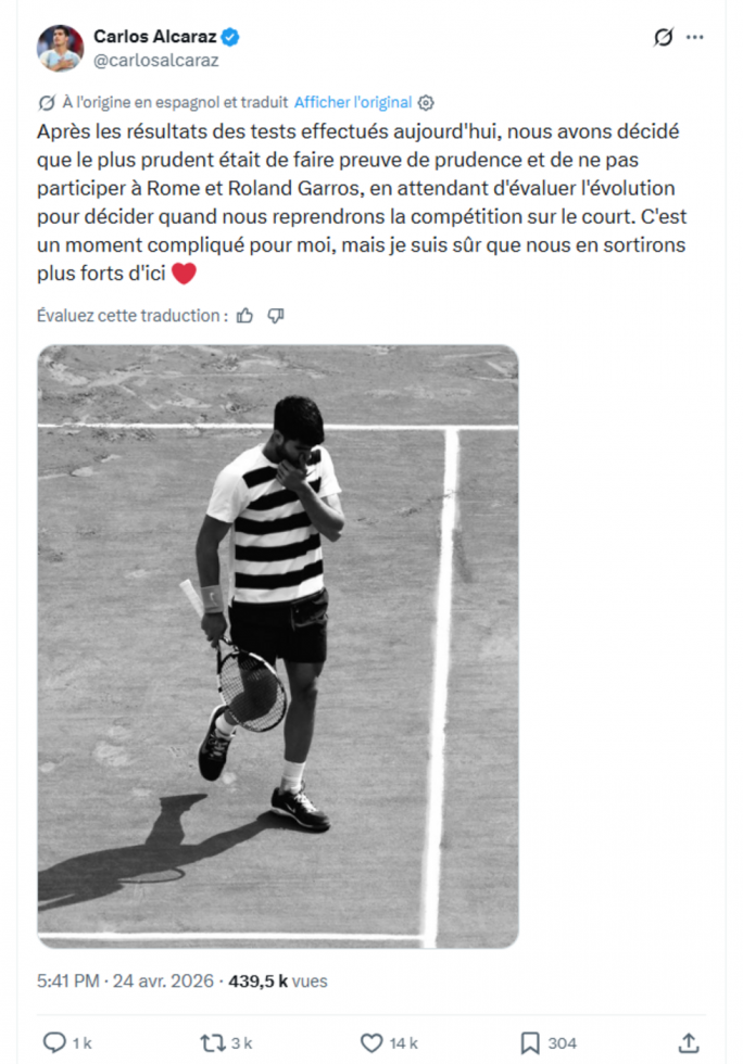 Roland-Garros : Carlos Alcaraz, champion en titre, ne participera pas en raison d'une blessure