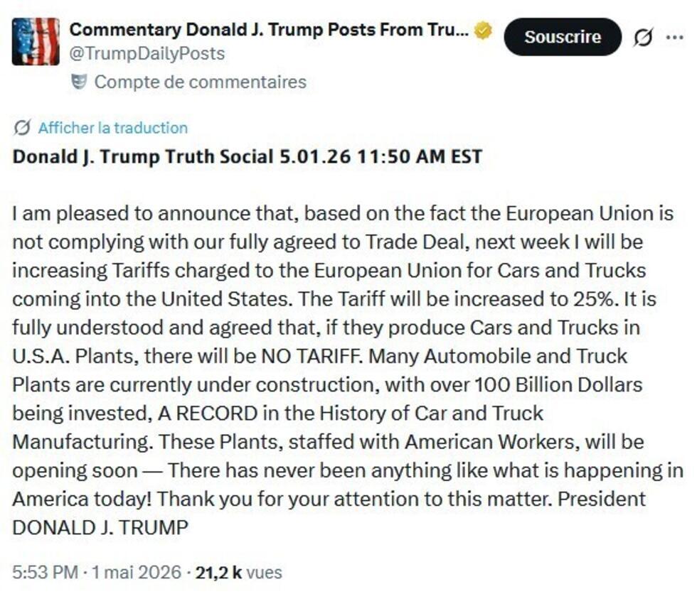Trump va relever les droits de douane à 25 % sur les véhicules européens, dès "la semaine prochaine"