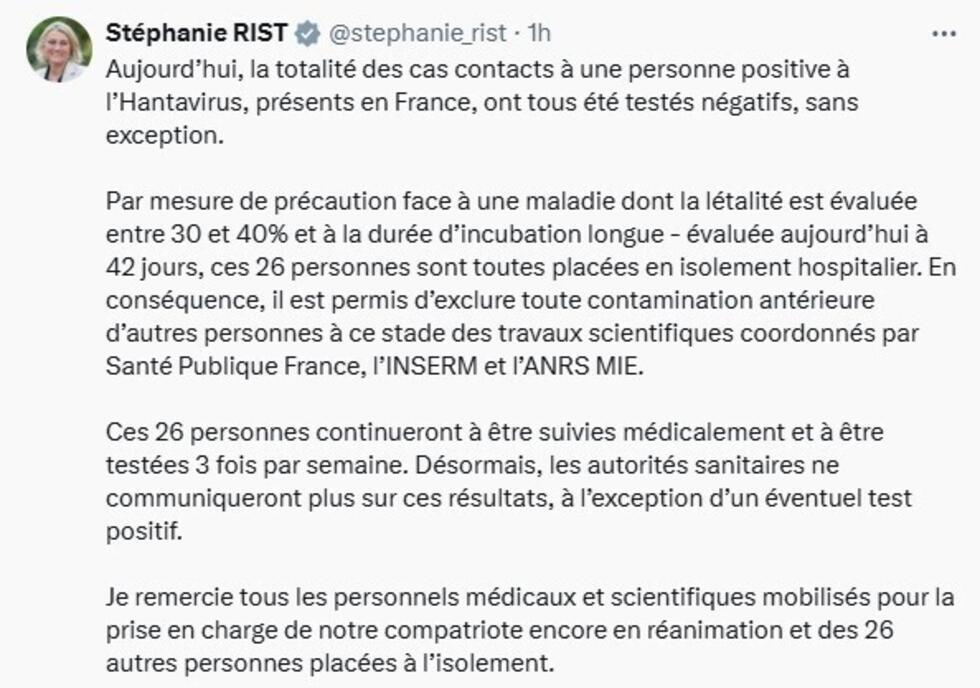 Hantavirus : la totalité des cas contacts présents en France testés négatifs