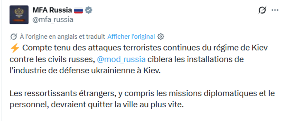 La Russie appelle les étrangers et diplomates à quitter Kiev avant de nouveaux bombardements