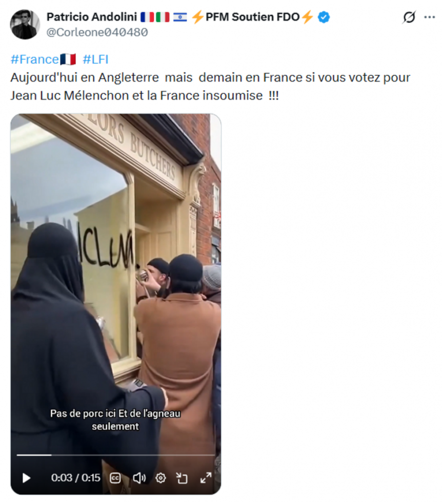 Une vidéo anti-LFI montrant des musulmans vandaliser une boucherie en Angleterre est générée par IA