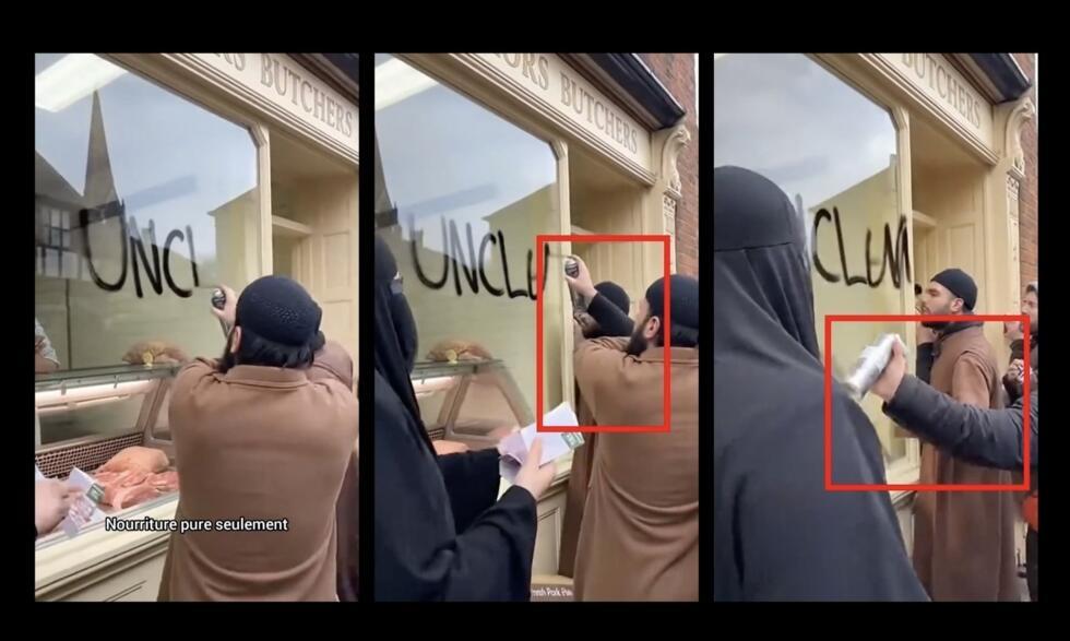 Une vidéo anti-LFI montrant des musulmans vandaliser une boucherie en Angleterre est générée par IA