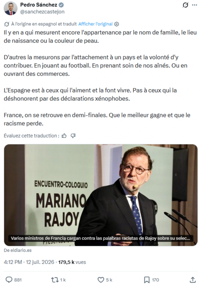 "Racisme crasseux" : Sanchez et des politiques français fustigent les propos de Rajoy sur les Bleus "Racisme crasseux" : Sanchez et des politiques français fustigent les propos de Rajoy sur les Bleus
