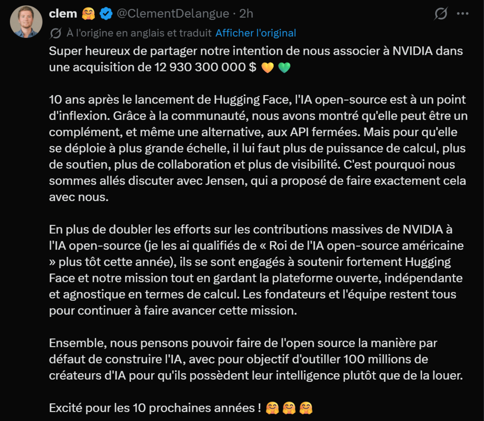 Le géant des puces Nvidia rachète Hugging Face, la pépite au cœur de l'IA "ouverte"
