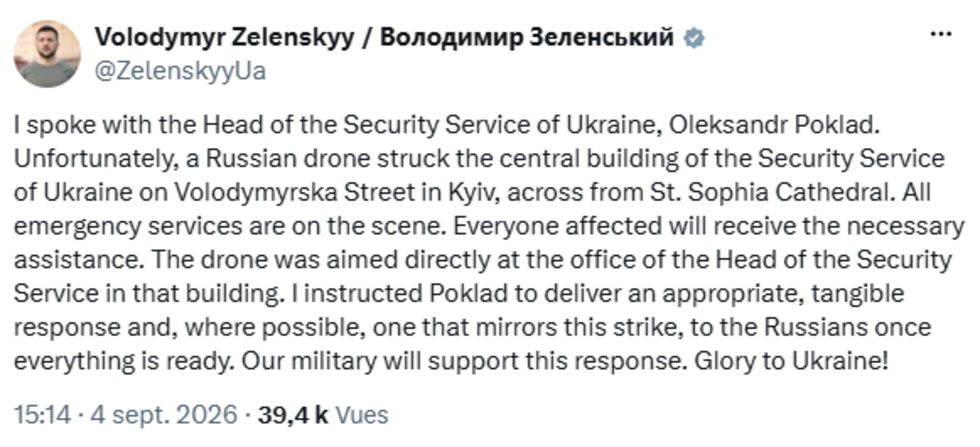 Le siège des services de sécurité ukrainiens frappé par un drone russe dans le centre de Kiev